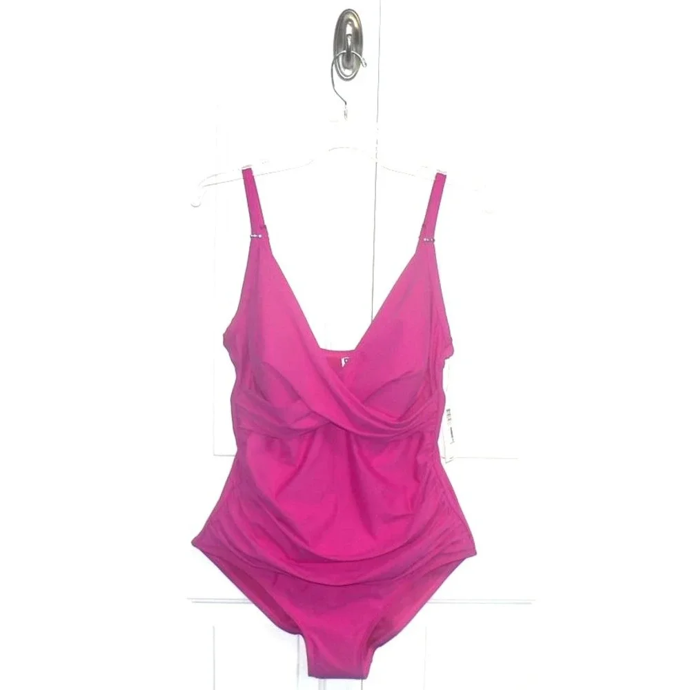 DKNY Women's Crossover Tummy Control Ruched One-Piece Swimsuit Amalfi Pink XL - Picture 2 of 7